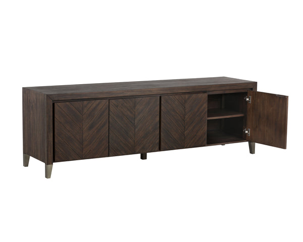 Sunpan Greyson Media Console Cabinet - Stylish Smoked Acacia Wood with Chevron Pattern & Brass Feet