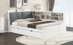 English Elm Wood Full Size platform bed with trundle, built-in storage headboard and shelves, sturdy pine frame White GX002055AAK