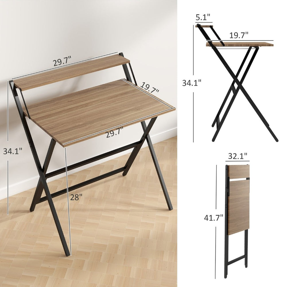 English Elm 32" Foldable Computer Desk with Built-in Monitor Shelf and Steel Frame for Small Spaces T3971P408193