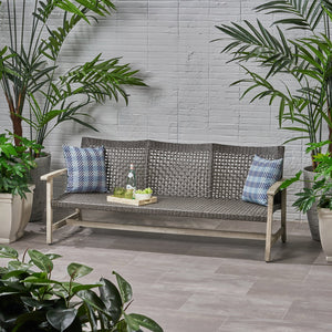English Elm Christopher Knight Home® - Outdoor Acacia Wood Wicker 3 Seater Sofa with Iron Accents, Weather-Resistant Patio Conversation Set Grey 60395.00WTCLMBLK