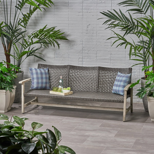 English Elm Christopher Knight Home® - Outdoor Acacia Wood Wicker 3 Seater Sofa with Iron Accents, Weather-Resistant Patio Conversation Set Grey 60395.00WTCLMBLK