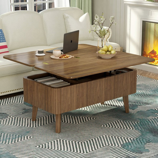 English Elm 3 in 1 Oval Lift Top Coffee Table Fluted Wood Storage Converts for Living Room W2641P422965