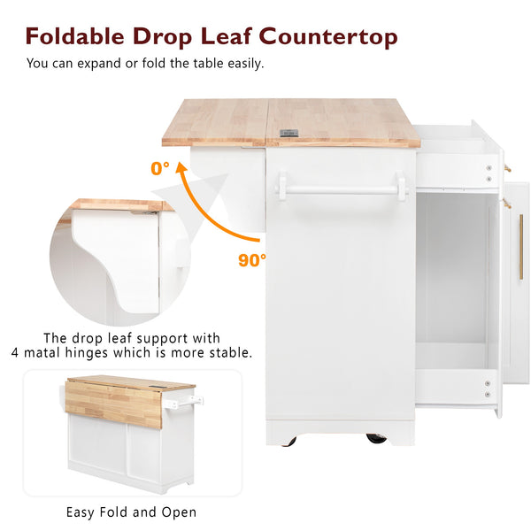 English Elm K&K Vintage Kitchen Island with Rubberwood Top, Hidden Wheels, Pull-Out Trash & Charging Station White N707P299014W