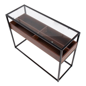 English Elm Contemporary Glass Top Console Table with Matte Black Frame and Wood Storage Walnut B202P223378