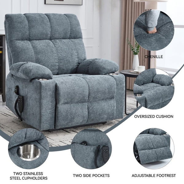 English Elm Dual Motor Power Lift Recliner with Massage Heat and Leatherair Upholstery for Living Room Grey-Blue W3224P294319