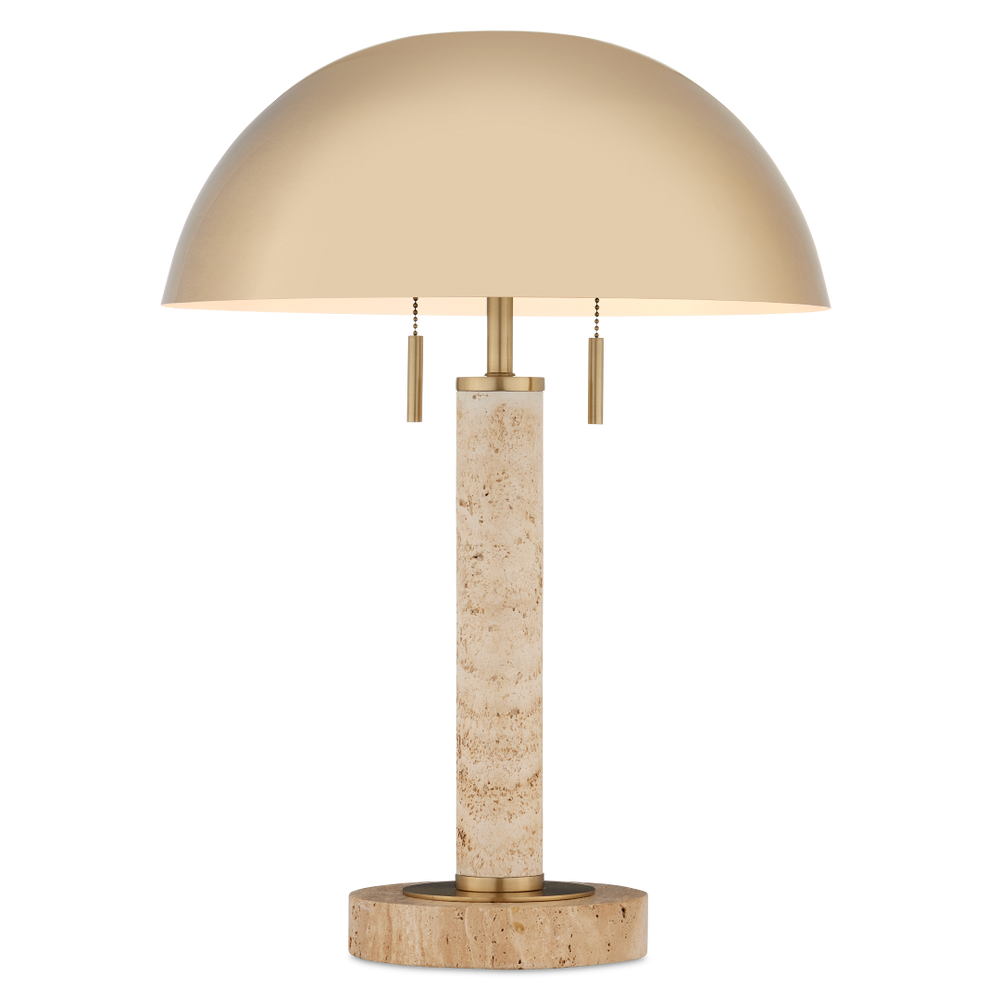 Miles Table Lamp - Mid-Century Modern Design with Brass Shade & Unique Travertine Base - 21.75" Tall
