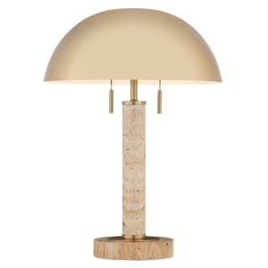 Miles Table Lamp - Mid-Century Modern Design with Brass Shade & Unique Travertine Base - 21.75" Tall