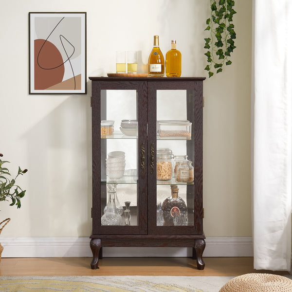 English Elm 2 Doors Curio Cabinet With Mirrored Back, Adjustable Shelves & Lighted Display For Collectibles W2275P178893