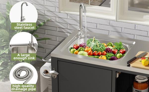 English Elm Outdoor Stainless Steel Grill Cart with Sink Cabinet Storage and Locking Wheels W3190P293812