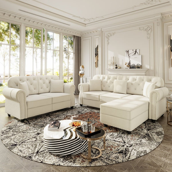 English Elm Upholstered Velvet Chesterfield Sofa with Button Tufting Nailhead Trim and Ottoman Beige+White W1885S00394