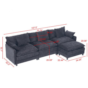 English Elm 108" L-shaped Chenille Cloud Sectional Deep Seat Sofa with Ottoman for Living Rooms Black W3244S00004