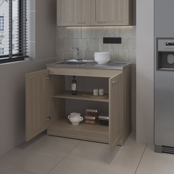 English Elm Haivana Utility Sink Cabinet 36" H x 39.4" W White Oak Finish with Double Doors, Shelf & Scratch-Resistant Surface B128S00057