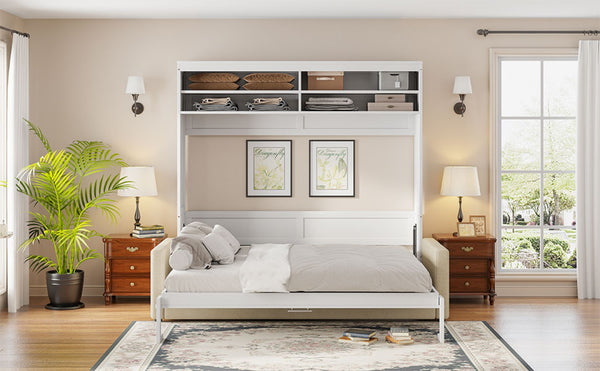 English Elm Queen Murphy Wall Bed with Integrated Sofa Linen Upholstered for Studio Apartments White LP000892AAK-1