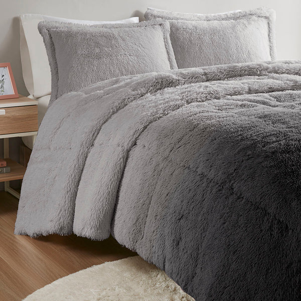 JLA Home Intelligent Design - Ombre Plush Shaggy Faux Fur Comforter Mini Set — Ultra-Soft Ombre Texture, Hypoallergenic, Cozy Layering Grey ID10-2147