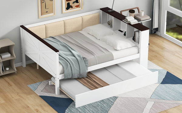 English Elm Twin Pine Wood Daybed with Trundle Upholstered Backrest Storage Shelf and Usb Port N7090002233K