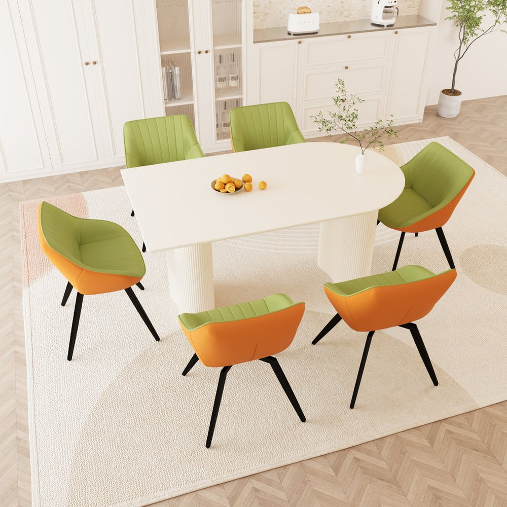 English Elm 63" Medieval Modern Cream Dining Table With 6 Green Pu Chairs & Black Metal Legs For Home Use W2189S00760