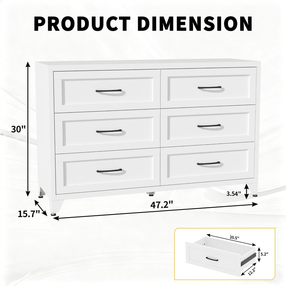 English Elm 6 Drawer White Steel Dresser Low Profile Powder Coated Frame for Bedroom or Hallway T2398P465981