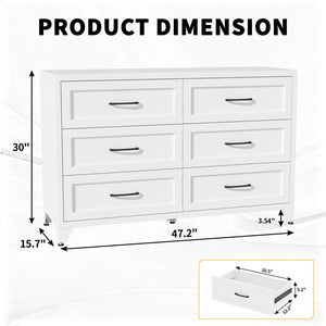 English Elm 6 Drawer White Steel Dresser Low Profile Powder Coated Frame for Bedroom or Hallway T2398P465981
