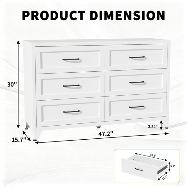 English Elm 6 Drawer White Steel Dresser Low Profile Powder Coated Frame for Bedroom or Hallway T2398P465981