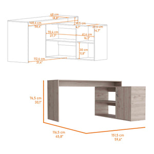 English Elm Antlia Beige L-Shaped Writing Desk with Cabinet & Two Shelves, Space-Saving Particleboard Design B128S00161