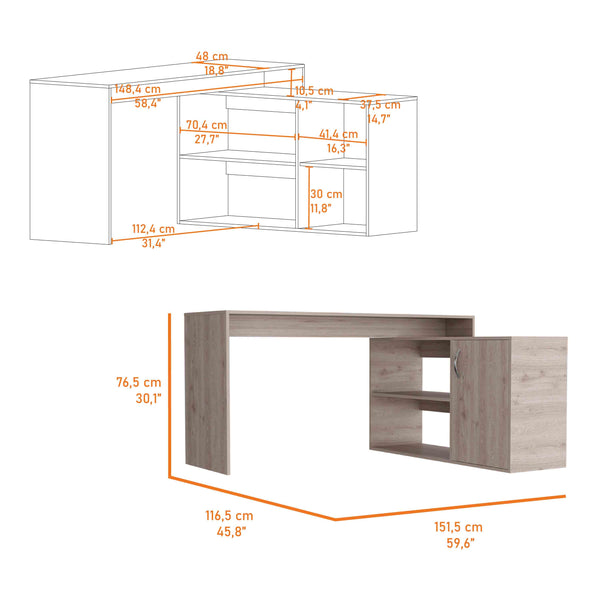 English Elm Antlia Beige L-Shaped Writing Desk with Cabinet & Two Shelves, Space-Saving Particleboard Design B128S00161