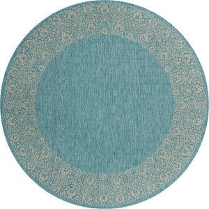 Unique Loom Outdoor Border Floral Border Machine Made Floral Rug Aqua, Ivory/Gray 10' 8" x 10' 8"