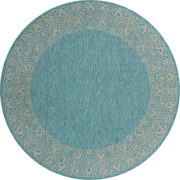 Unique Loom Outdoor Border Floral Border Machine Made Floral Rug Aqua, Ivory/Gray 10' 8" x 10' 8"