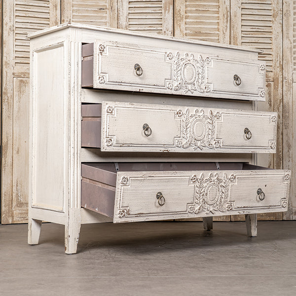English Elm 24QJ0028 Antique Cream Wood & Metal Chest with 3 Drawers, Distressed Finish, Brown Interior, 48" L W2946P243866