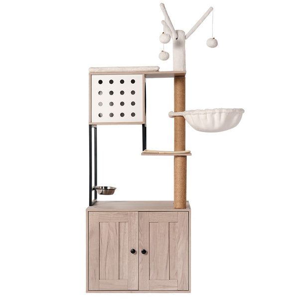 English Elm Cat Condo Tower with Hidden Litter Enclosure Sisal Posts and Feeding Station W1687P304380