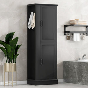 English Elm Tall Bathroom Storage Cabinet - Freestanding With Adjustable Shelves, Hooks & Modern Black Design N725P241834B-GIGA