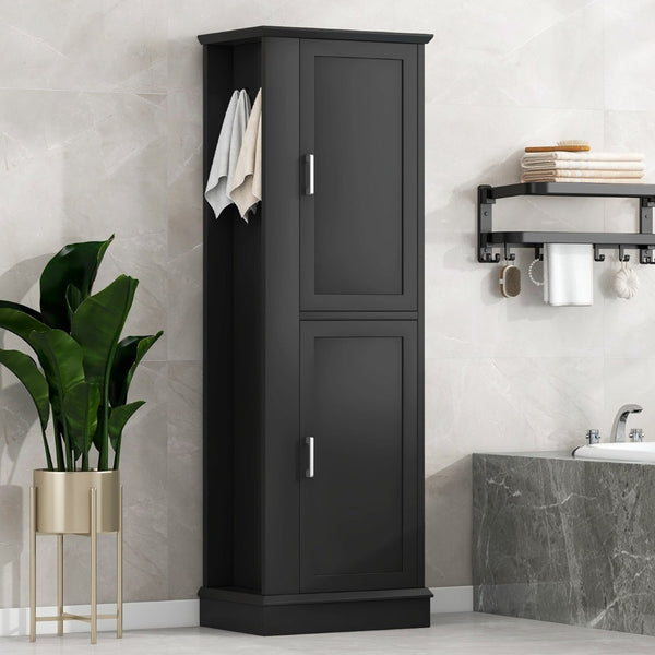 English Elm Tall Bathroom Storage Cabinet - Freestanding With Adjustable Shelves, Hooks & Modern Black Design N725P241834B-GIGA