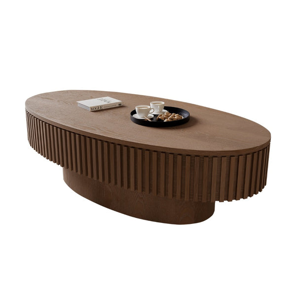English Elm 47'' Oval Storage Coffee Table Fluted Wood Veneer Lift Lid Sculptural Living Room Accent Walnut W1435P293223