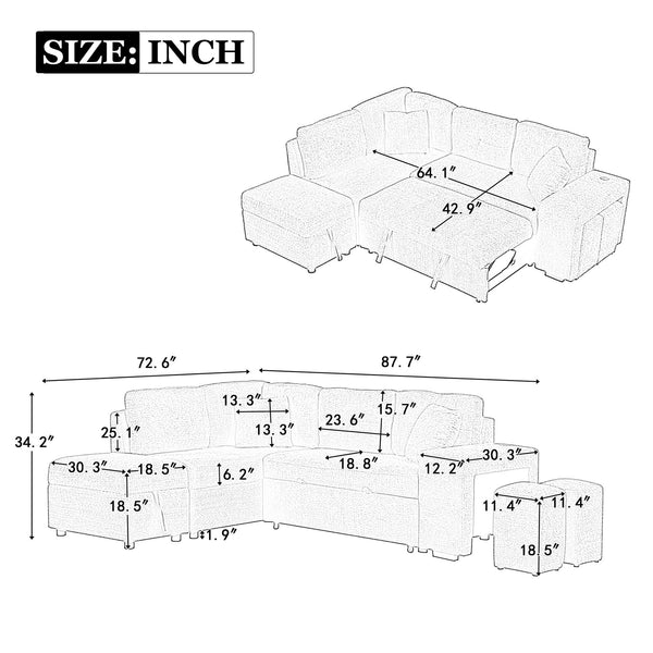 English Elm 87.7" Convertible Sleeper Sectional Sofa Bed with Storage Ottoman, Wireless Charger, USB Ports, Plush Chenille Cream SG001380AAA