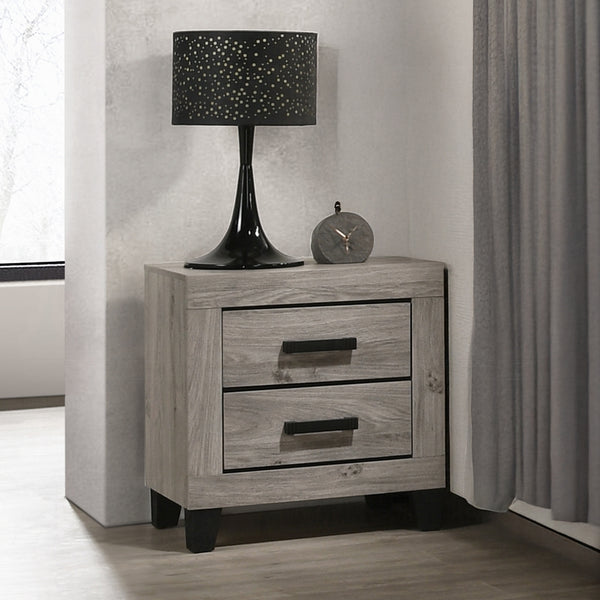 English Elm Farmhouse Light Gray Nightstand with Two Storage Drawers, Black Hardware & Sturdy Legs, 22"x15"x23" B2741P330139