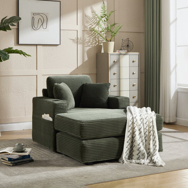 English Elm [New]Corduroy Upholstered Chaise Lounge Sofa with Detachable Cushions, Deep Seat, Cup Holders Green W2120P322754