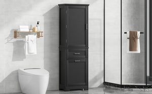 English Elm Tall Bathroom Storage Cabinet - Freestanding, Adjustable Shelf & Dual Drawer Design In Matte Black Finish N725P206895B-GIGA