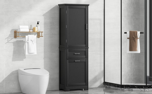 English Elm Tall Bathroom Storage Cabinet - Freestanding, Adjustable Shelf & Dual Drawer Design In Matte Black Finish N725P206895B-GIGA