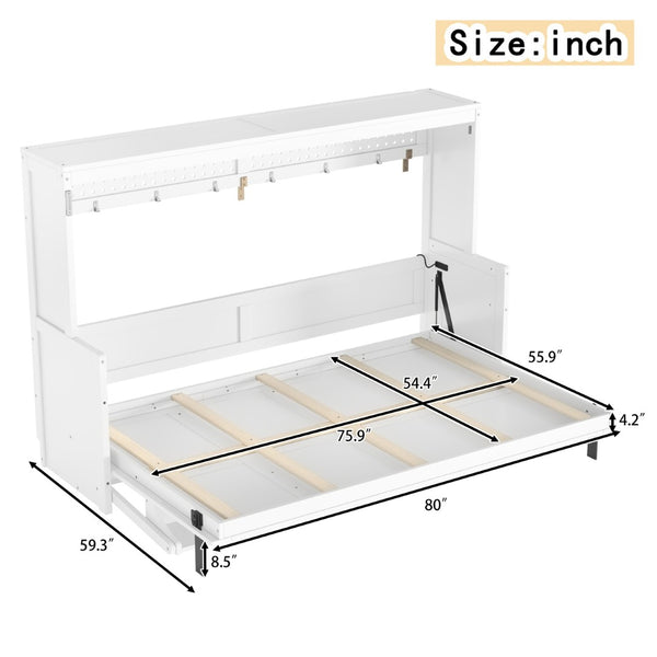 English Elm Full Murphy Bed with Fold Down Desk Led Lighting and Usb Port for Studio Spaces White W1580S00454