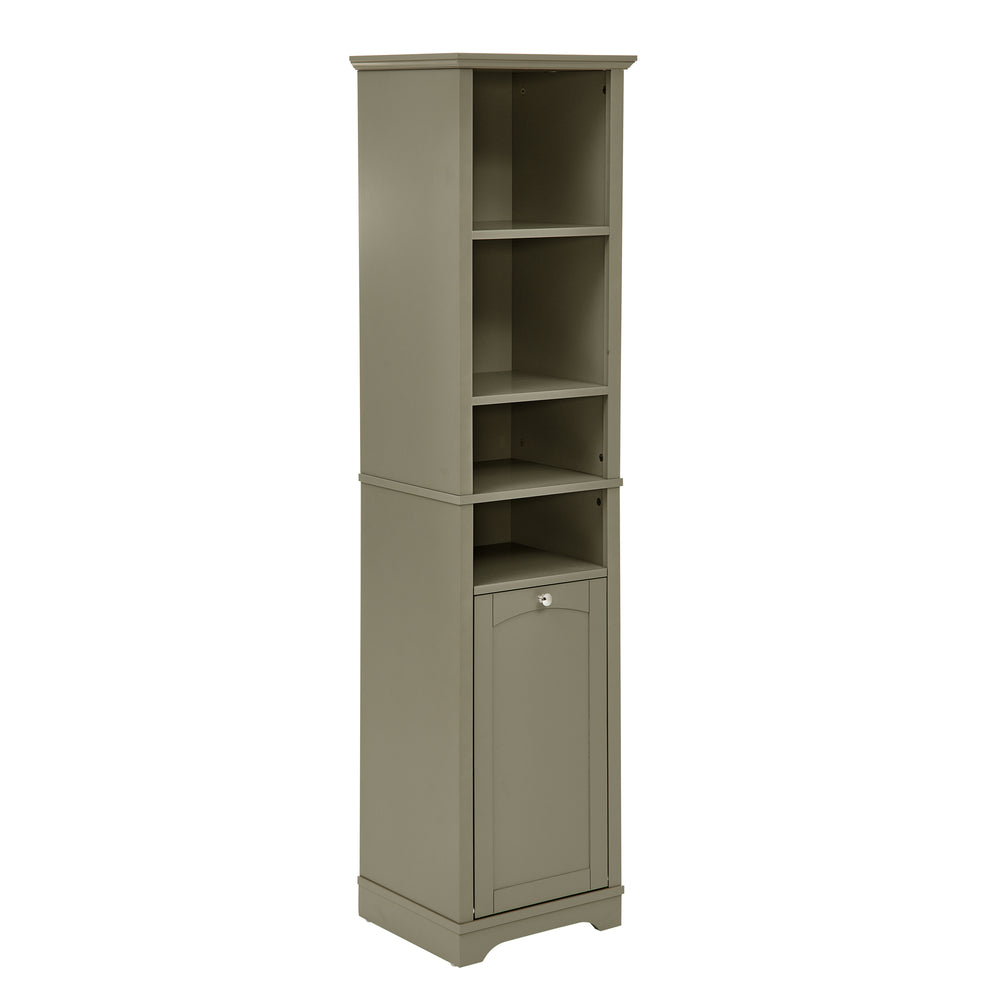 English Elm 64" Tall Bathroom Storage Cabinet Narrow 4-Shelf Floor Organizer with Laundry Hamper, Grey, Space-Saving Tall Unit W1801P195738