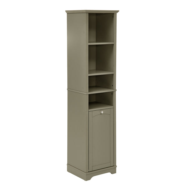 English Elm 64" Tall Bathroom Storage Cabinet Narrow 4-Shelf Floor Organizer with Laundry Hamper, Grey, Space-Saving Tall Unit W1801P195738