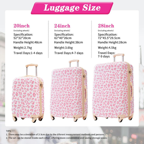English Elm Hardshell Polycarbonate Luggage Set Three Piece Spinner Suitcases with Tsa Lock Pink Leopard N732P218227U