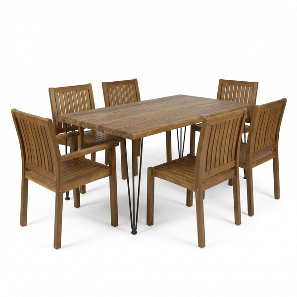English Elm 7 Piece Acacia Hardwood Outdoor Dining Set with Hairpin Legs Teak Finish Patio Table N762S000032AAA