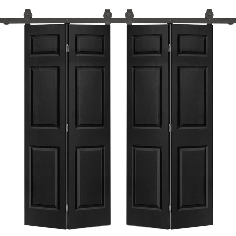 English Elm 24 in Primed Mdf Bi-fold Barn Door with Raised 6-panel Profile and Sliding Hardware Black B2763P491006