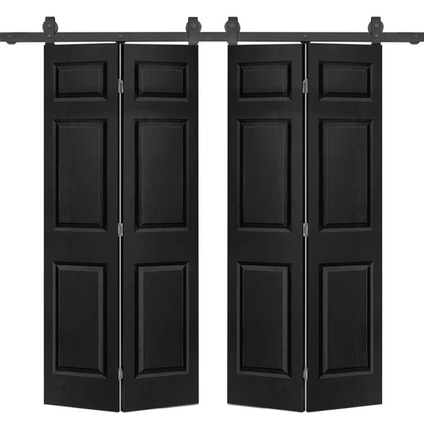 English Elm 24 in Primed Mdf Bi-fold Barn Door with Raised 6-panel Profile and Sliding Hardware Black B2763P491003