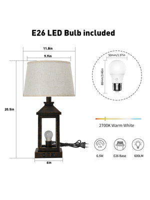 English Elm 20.5in Vintage Table Lamp Set of 2 Rustic Farmhouse Nightstand Lamps with Linen Shade & USB Ports Black+Gold W2312P389975