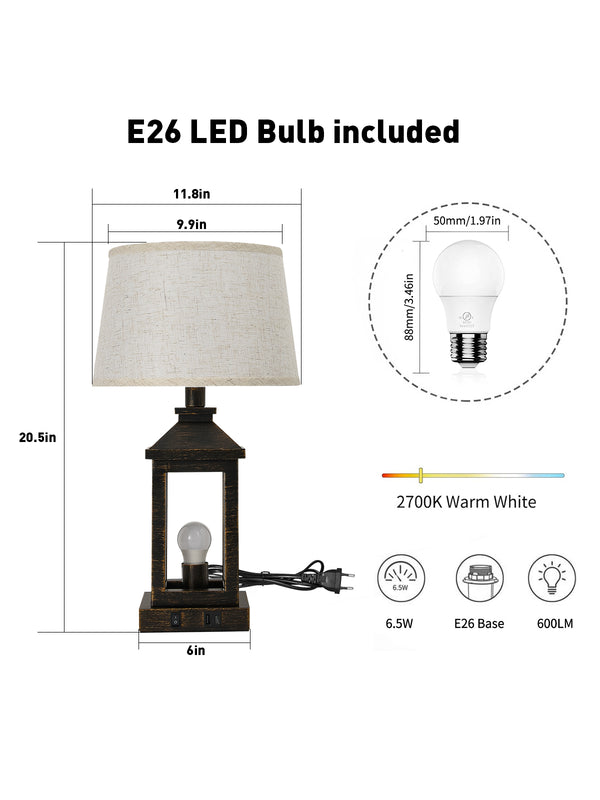 English Elm 20.5in Vintage Table Lamp Set of 2 Rustic Farmhouse Nightstand Lamps with Linen Shade & USB Ports Black+Gold W2312P389975