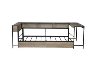 English Elm Corner Twin Bed Frame with Bookcase, LED Light & USB Charging, Reversible Daybed w/Storage Drawers W1670P255558