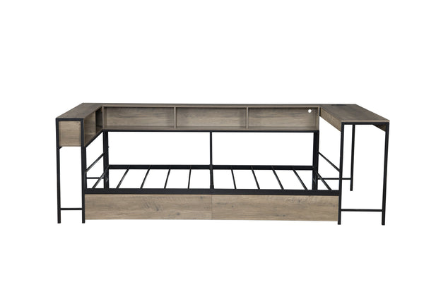 English Elm Corner Full Bed Frame with Bookcase, LED Light & USB Charging, Reversible Daybed w/2 Drawers, Grey W1670P314268