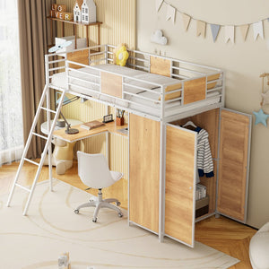 English Elm Twin Loft Bed with L-Shaped Desk and Wardrobe — Space-Saving Iron & Wood Design for Study & Storage White SF000168AAK