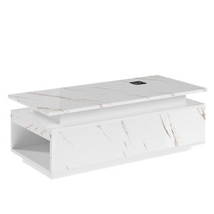English Elm Coffee Table with Led Lighting Bluetooth Speaker Wireless Charging and Faux Marble Top White T3773P415726